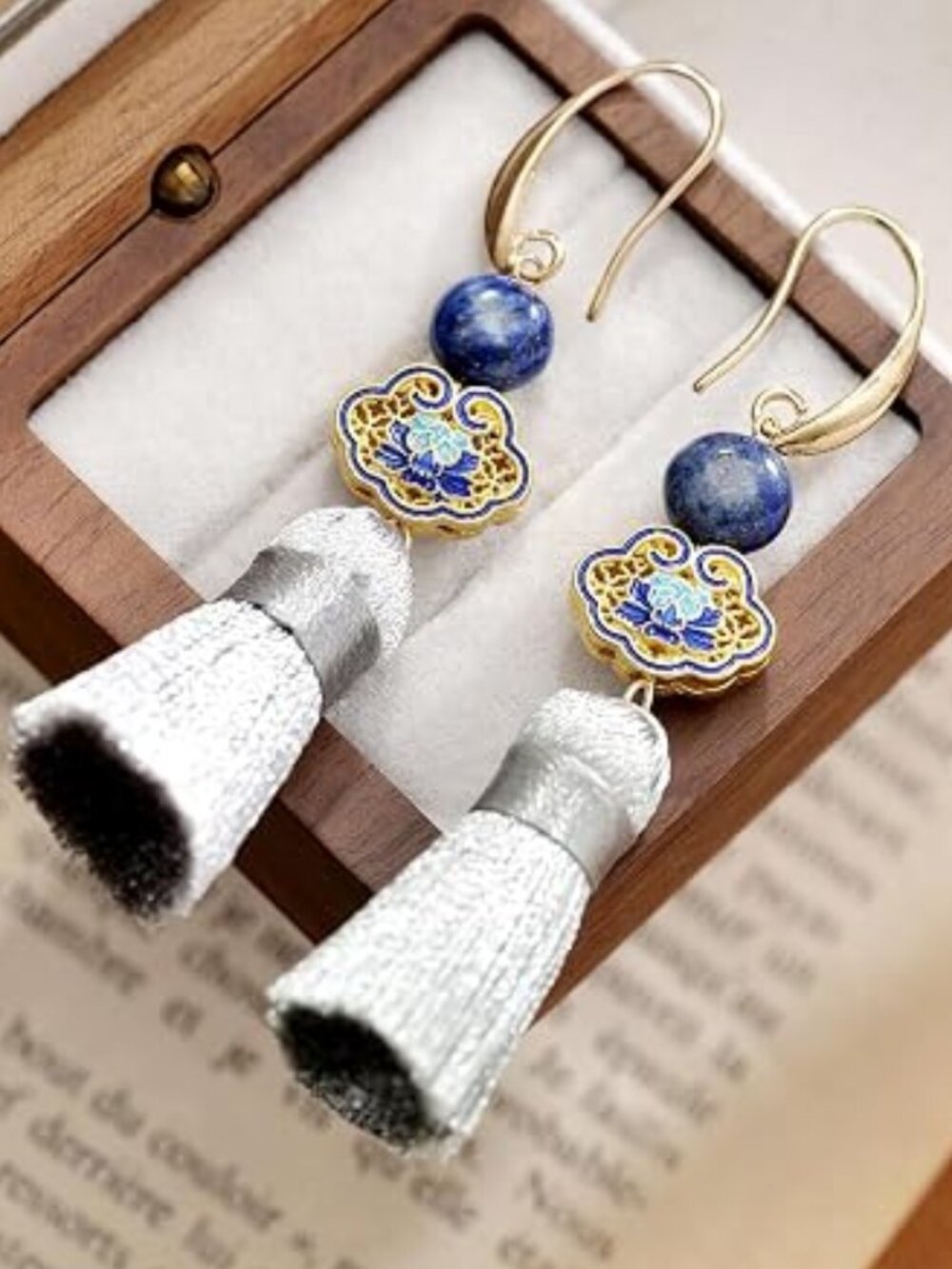 Handmade tassel earrings, Chinoiserie style Cloisonné enameling technique - NWT